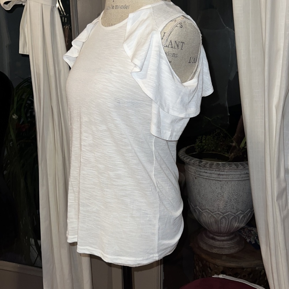 Juicy Couture white flutter open shoulder shortsleeve womens blouse Small shirt - Picture 2 of 6